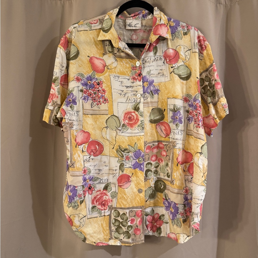 Kathie Lee Vintage Floral Short-Sleeve Button-Up Shirt - Yellow